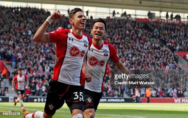 Jan Bednarek of Southampton celebrates after putting Southampton 2-0 up during the Premier League match between Southampton and Chelsea at St Mary's...