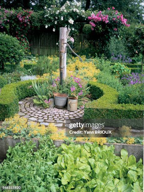 JARDIN POTAGER ET FLEURI, POMPE A L'EAU.