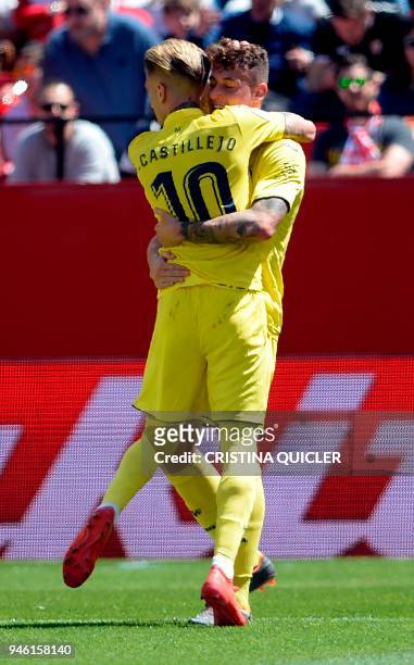 Villarreal's Spanish midfielder Daniel Raba celebrates scoring a goal during the Spanish league footbal match between Sevilla FC and Villarreal CF at...