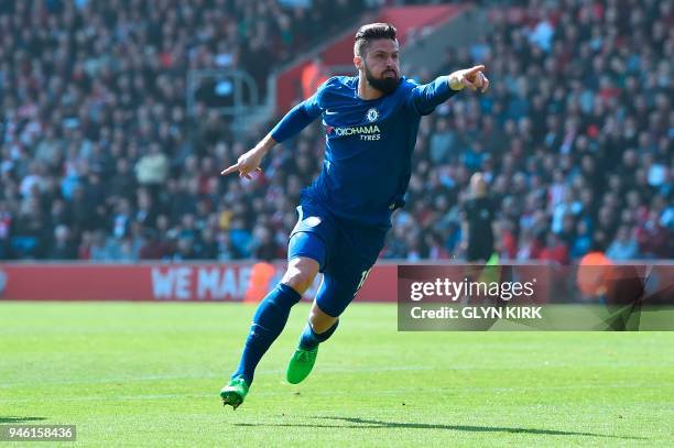 Chelsea's French attacker Olivier Giroud celebrates scoring their third goal during the English Premier League football match between Southampton and...
