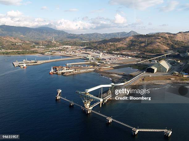 An aerial view of the PT Newmont Nusa Tenggara copper and gold mining loading bay in Batu Hijau, in the Sumbawa Barat district, eastern Indonesia on...