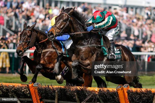 Tom Scudamore riding Mr Big Shot clear the last to win The Gaskells Handicap Hurdle Race at Aintree racecourse on April 14, 2018 in Liverpool,...