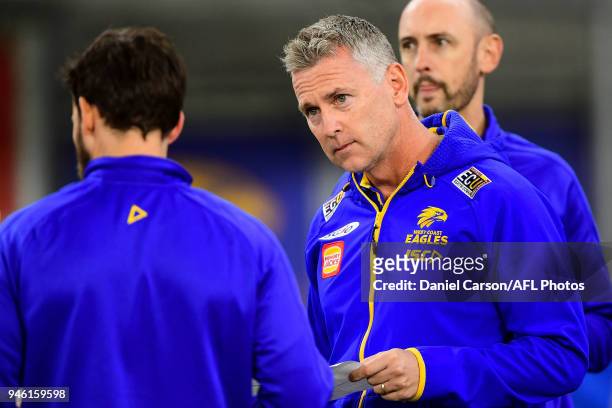 Adam Simpson, coach of the Eagles addresses the team at quarter time during the 2018 AFL Round 04 match between the West Coast Eagles and the Gold...