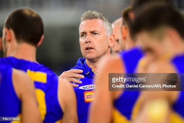 Adam Simpson, coach of the Eagles addresses the team at quarter time during the 2018 AFL Round 04 match between the West Coast Eagles and the Gold...
