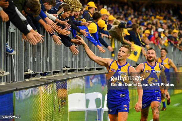 Mark LeCras of the Eagles thanks the crowd after the win in his 200th game during the 2018 AFL Round 04 match between the West Coast Eagles and the...