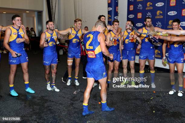 Mark LeCras of the Eagles celebrates his 200th game during the round four AFL match between the West Coast Eagles and the Gold Coast Suns at Optus...