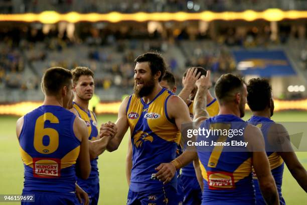 Josh Kennedy of the Eagles celebrates their win during the round four AFL match between the West Coast Eagles and the Gold Coast Suns at Optus...