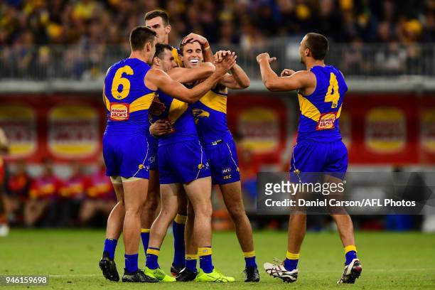 Jamie Cripps of the Eagles celebrates a goal during the 2018 AFL Round 04 match between the West Coast Eagles and the Gold Coast Suns at Optus...