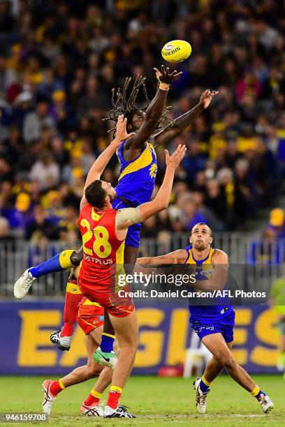 Nic Naitanui of the Eagles contests a ruck with Jarrod Witts of the Suns during the 2018 AFL Round 04 match between the West Coast Eagles and the...