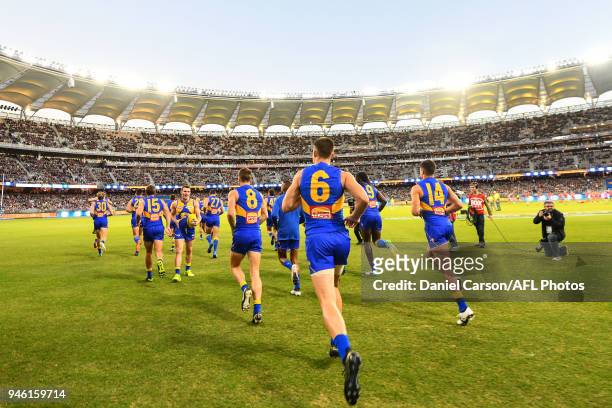 Elliot Yeo of the Eagles enters the arena during the 2018 AFL Round 04 match between the West Coast Eagles and the Gold Coast Suns at Optus Stadium...