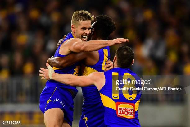 Mark LeCras of the Eagles celebrates a goal during the 2018 AFL Round 04 match between the West Coast Eagles and the Gold Coast Suns at Optus Stadium...