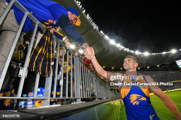 Mark LeCras of the Eagles thanks the crowd after the win in his 200th game during the 2018 AFL Round 04 match between the West Coast Eagles and the...