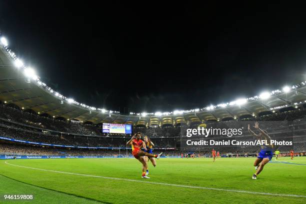 Lachie Weller of the Suns kicks the ball during the 2018 AFL Round 04 match between the West Coast Eagles and the Gold Coast Suns at Optus Stadium on...