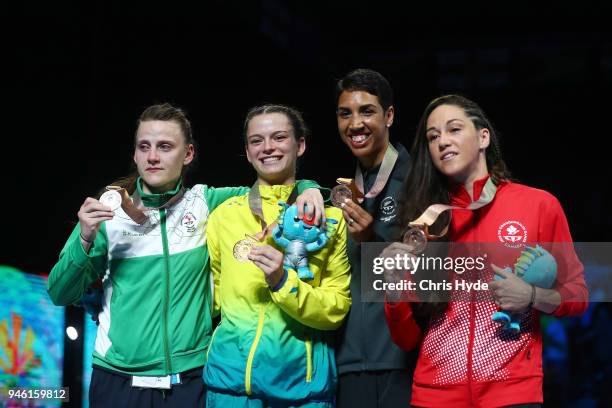 Silver medalist Michaela Walsh of Northern Ireland, Gold medalist Skye Nicolson of Australia, Bronze medalists Sabrina Aubin-Boucher of Canada and...