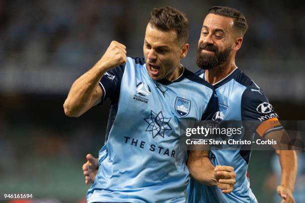 Deyvison Rogerio da Silva, Bobo of Sydney FC reacts to scoring a goal during the round 27 A-League match between the Sydney FC and the Melbourne...