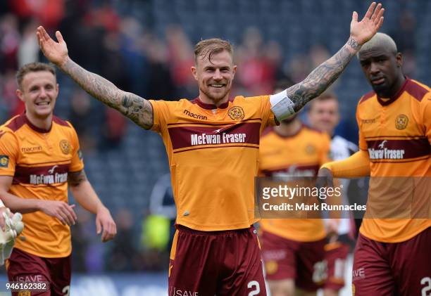 Richard Tait of Motherwell celebrates at the final whistle as Motherwell beat Aberdeen 3-0 during the Scottish Cup Semi Final match between...