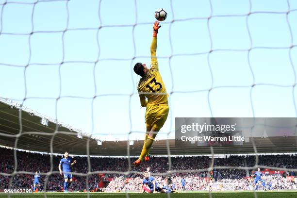 Thibaut Courtois of Chelsea makes a save during the Premier League match between Southampton and Chelsea at St Mary's Stadium on April 14, 2018 in...