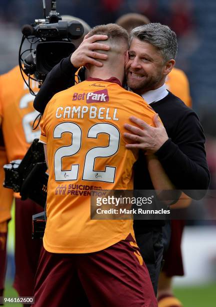 Motherwell manager Steve Robinson celebrates with Allen Campbell of Motherwell at the final whistle as Motherwell beat Aberdeen 3-0 during the...