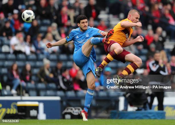 Motherwells Liam Grimshaw challenges Aberdeens Anthony O'Connor during the William Hill Scottish Cup semi final match at Hampden Park, Glasgow.