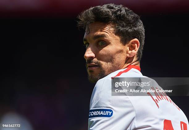 Jesus Navas of Sevilla FC looks on during the La Liga match between Sevilla and Villarreal at on April 14, 2018 in Seville, .