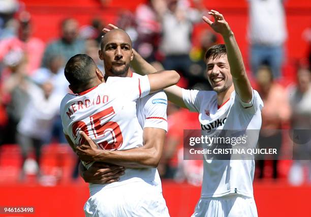 Sevilla's French midfielder Steven N'Zonzi celebrates a goal during the Spanish league footbal match between Sevilla FC and Villarreal CF at the...