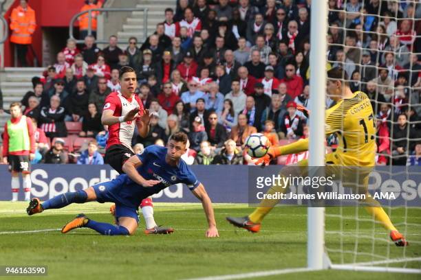 Jan Bednarek of Southampton scores a goal to make it 2-0 during the Premier League match between Southampton and Chelsea at St Mary's Stadium on...