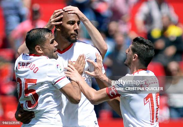 Sevilla's French midfielder Steven N'Zonzi celebrates a goal during the Spanish league footbal match between Sevilla FC and Villarreal CF at the...