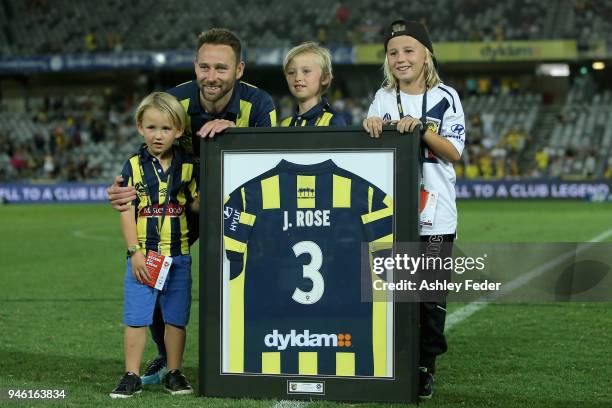 Josh Rose speaks to the crowd after his last game during the round 27 A-League match between the Central Coast Mariners and the Newcastle Jets at...