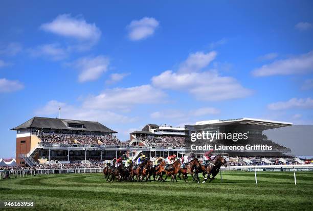 General view of the action in The Gaskells Handicap Hurdle Race at Aintree Racecourse on April 14, 2018 in Liverpool, England.