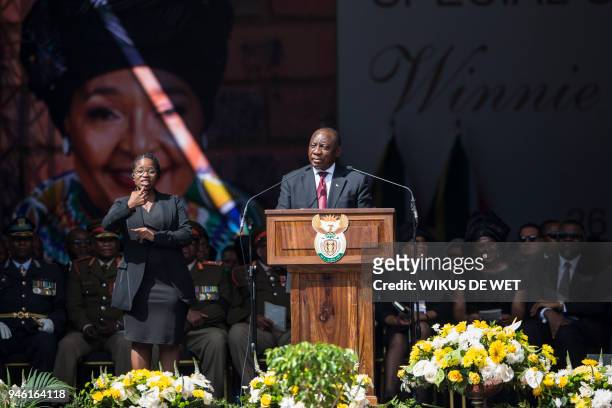 South Africa's President Cyril Ramaphosa speaks during the funeral ceremony of Winnie Madikizela-Mandela at Orlando Stadium in Soweto, in...