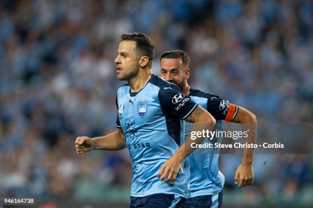 Deyvison Rogerio da Silva, Bobo of Sydney FC reacts to scoring a goal during the round 27 A-League match between the Sydney FC and the Melbourne...