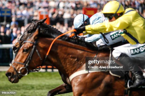 Noel Fehily riding Black Op clear the last to win The Betway Mersey Novicesâ Hurdle Race at Aintree racecourse on April 14, 2018 in Liverpool,...