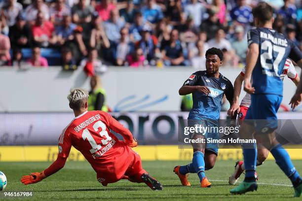 Serge Gnabry of Hoffenheim scores a goal to make it 1:0 during the Bundesliga match between TSG 1899 Hoffenheim and Hamburger SV at Wirsol...
