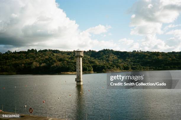 Iconic dam tower at the Lafayette Reservoir at dusk in Lafayette, California, February 26, 2018.