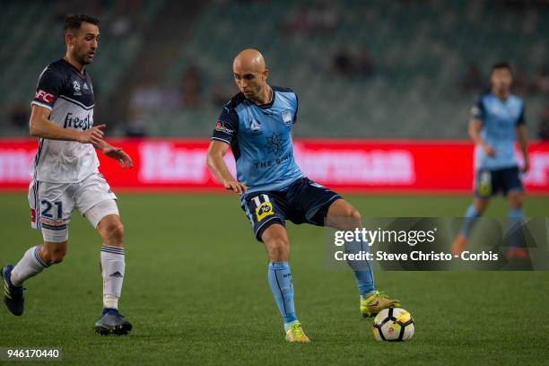 Adrian Mierzejewski of Sydney FC controls the ball during the round 27 A-League match between the Sydney FC and the Melbourne Victory at Allianz...