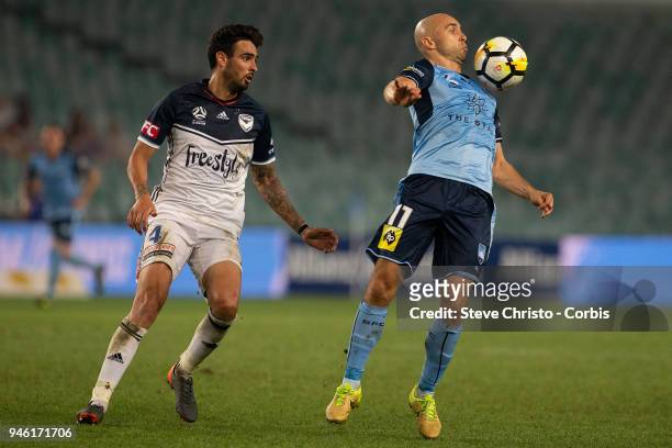 Adrian Mierzejewski of Sydney FC controls the ball during the round 27 A-League match between the Sydney FC and the Melbourne Victory at Allianz...