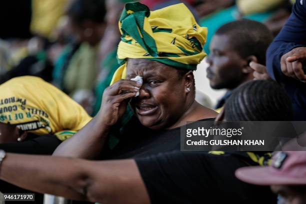 Woman cries as she attends the funeral of the anti-apartheid icon Winnie Madikizela-Mandela at the Orlando Stadium, in Soweto neighborhood of...