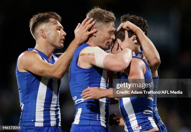 Shaun Higgins and Jack Ziebell of the Kangaroos congratulate Kayne Turner of the Kangaroos on a piece of play during the 2018 AFL Round 04 match...