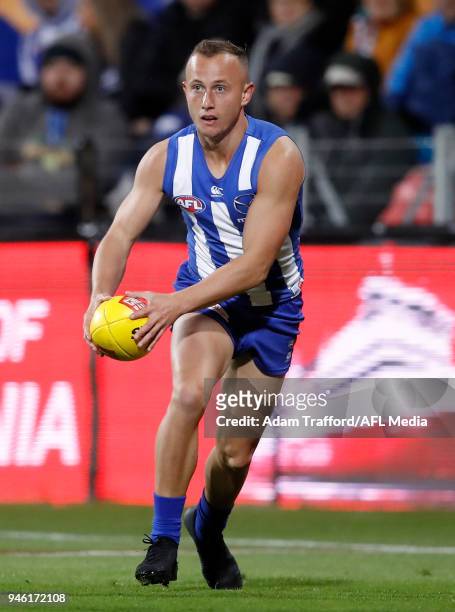 Billy Hartung of the Kangaroos in action during the 2018 AFL Round 04 match between the North Melbourne Kangaroos and the Carlton Blues at Blundstone...