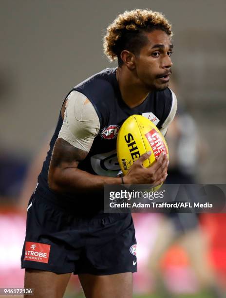 Jarrod Garlett of the Blues marks the ball during the 2018 AFL Round 04 match between the North Melbourne Kangaroos and the Carlton Blues at...