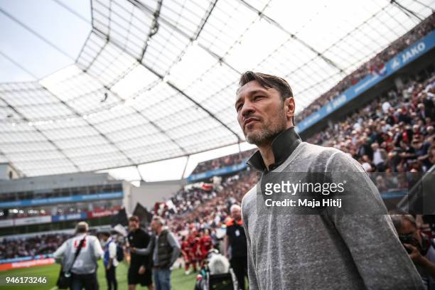 Head Coach Niko Kovac of Eintracht Frankfurt looks on prior the Bundesliga match between Bayer 04 Leverkusen and Eintracht Frankfurt at BayArena on...