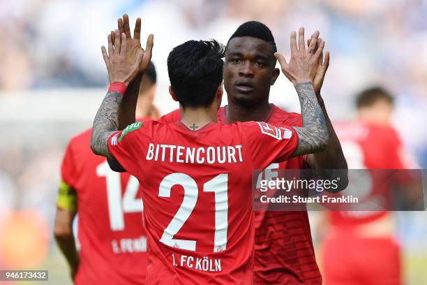 Leonardo Bittencourt of Koeln celebrates with Jhon Cordoba of Koeln after he scored a goal to make it 0:1 during the Bundesliga match between Hertha...