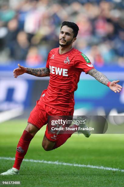 Leonardo Bittencourt of Koeln celebrates after he scored a goal to make it 0:1 during the Bundesliga match between Hertha BSC and 1. FC Koeln at...