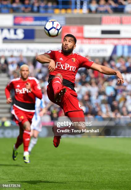 Adrian Mariappa of Watford controls the ball during the Premier League match between Huddersfield Town and Watford at John Smith's Stadium on April...