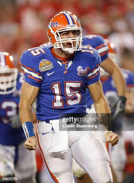 Tim Tebow of the University of Florida Gators gives a shout after scoring a touchdown against the Ohio State University Buckeyes during the fourth...