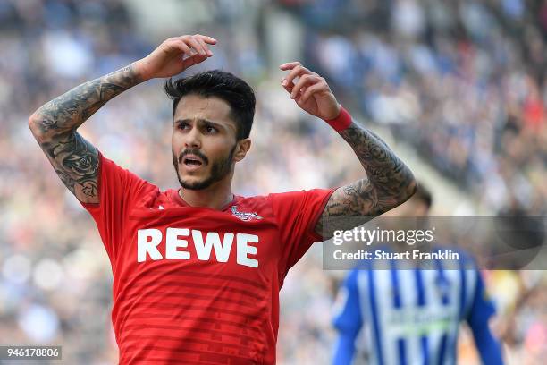 Leonardo Bittencourt of Koeln looks frustrated after missing a chance during the Bundesliga match between Hertha BSC and 1. FC Koeln at...