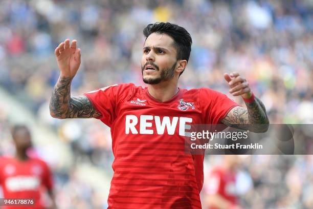 Leonardo Bittencourt of Koeln looks frustrated after missing a chance during the Bundesliga match between Hertha BSC and 1. FC Koeln at...