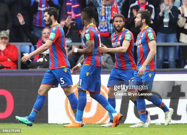 James Tomkins of Crystal Palace celebrates after scoring his sides second goal during the Premier League match between Crystal Palace and Brighton...