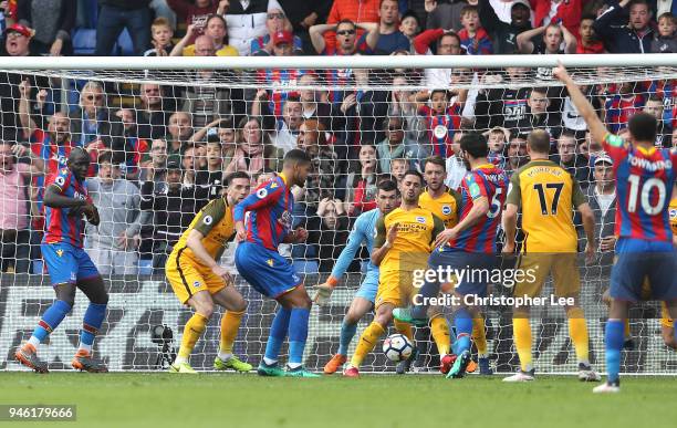 James Tomkins of Crystal Palace scores his sides second goal during the Premier League match between Crystal Palace and Brighton and Hove Albion at...