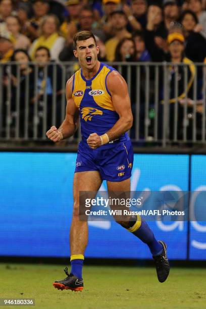 Scott Lycett of the Eagles celebrates after scoring a goal during the round four AFL match between the West Coast Eagles and the Gold Coast Suns at...